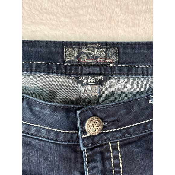 Silver Jeans Suki Super Skinny Womens Size 34x31 Thick Stitch Embroidered Dark - Picture 2 of 9